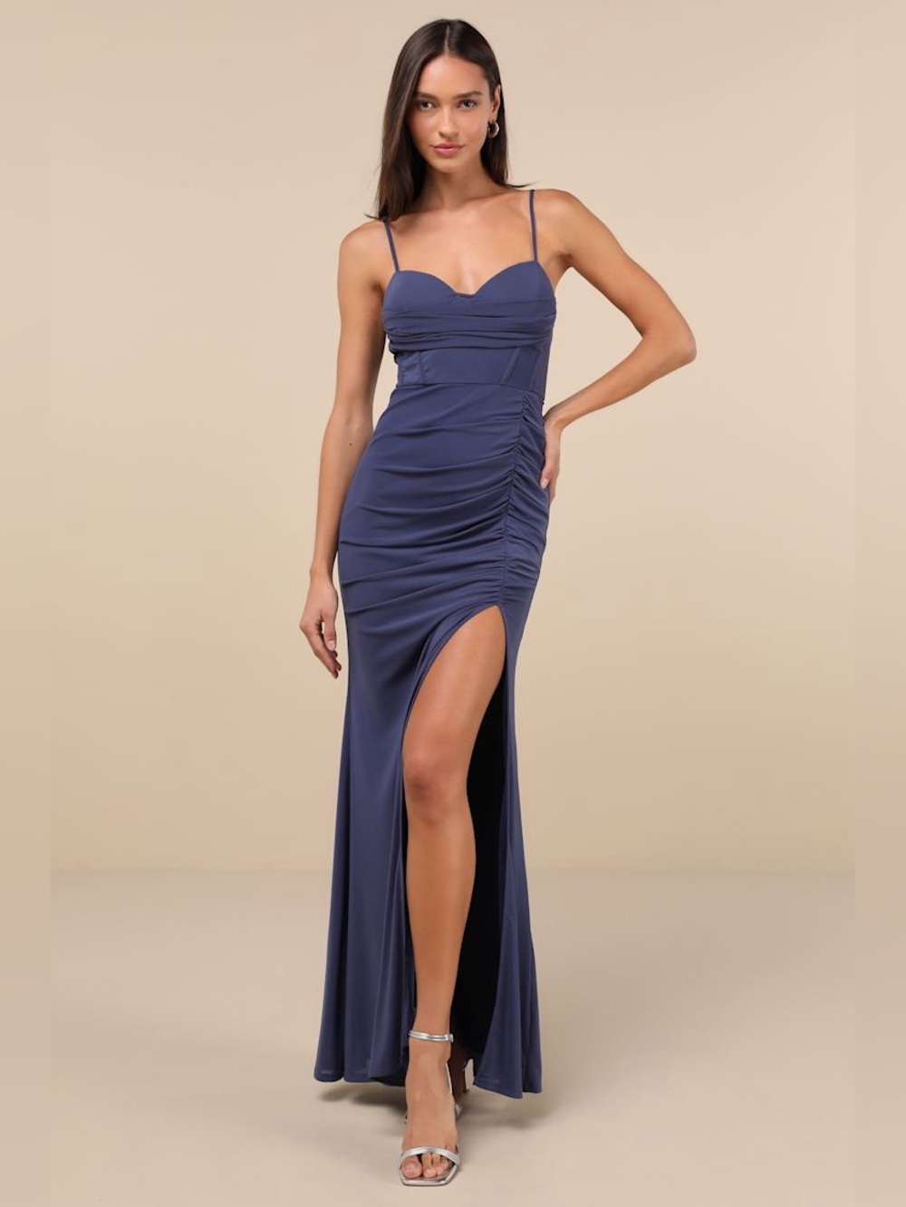 Lulu's Flirty Composure Slate Blue Mesh Cowl Bustier Ruched Maxi Dress